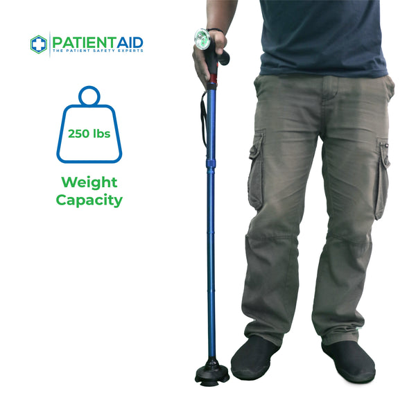 Patient Aid Foldable Walking Cane for Women and Men, Blue Lightweight Frame with Adjustable Height and Pivoting Base, Ergonomic Handle with Night Light and Push Button Alarm, Supports Up to 250 lbs